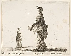 A noblewoman walking towards the left with a feathered fan, another woman in background to left, plate 18 from "Diversi capricci" by Stefano della Bella|Nicolas Langlois