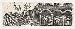 A pair of workers atop a pile of rubble and other workers watching them by José Guadalupe Posada