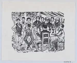 A pair of young men dancing for a crowd of older people