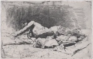 A partly naked man on the ground right arm outstretched