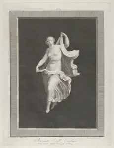 A partly nude bacchante stepping forward and holding ends of her drapery in each hand
