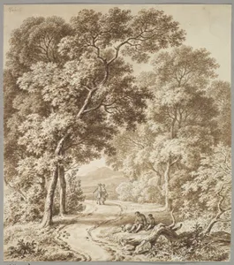 A Path Bordered by Trees with two Beggars and a Couple Strolling