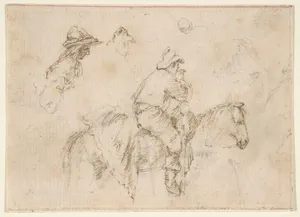 A Peasant on Horseback seen in Profile Facing Right; Two Studies of the Same Man's Head.