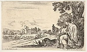 A peasant woman facing left in profile nurses a baby under a tree at right, a woman, seen from behind, walking next to a donkey in the middle ground, a church and bridge to left in background, from 'Various figures and lands' (Diverse figure e paesi) by Stefano della Bella|Israël Henriet