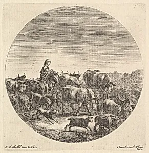 A peasant woman seated on a horse to left, facing right, surrounded by a herd of fcows, goats, sheep, and dogs, a round composition, from 'Six animal subjects' (Six sujets d'animaux) by Stefano della Bella
