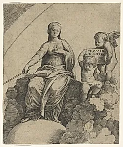 A personification of Philosophy sitting on clouds with her feet resting on a globe, two putti at right holding a tablet by Marcantonio Raimondi|Raphael (Raffaello Sanzio or Santi)
