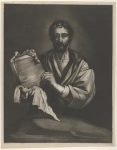 A Philosopher, looking forward, holding a book with a cloth