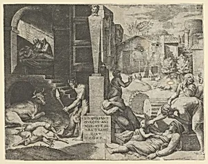 A plague scene at right, a man at left holding a torch illuminating part of the scene, ill people at the right by Marcantonio Raimondi|Raphael (Raffaello Sanzio or Santi)
