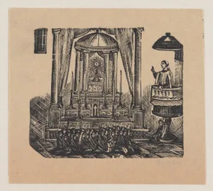 A priest conducting mass from a pulpit for women dressed in black