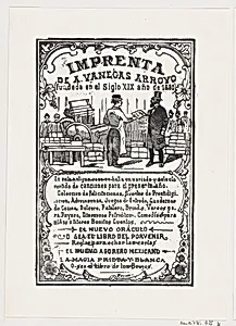 A print shop with a printer handing something to a gentleman, from the broadside 'Imprenta de A. Vanegas Arroyo,' published by Antonio Vanegas Arroyo by José Guadalupe Posada|José Sanchez