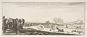 A procession of horse-drawn cannon carriages to left, horsemen in combat and a dead horse to right, battle on a bridge in center background, from "Peace and War" (Divers desseins tant pour la paix que pour la guerre) by Stefano della Bella|Israël Henriet