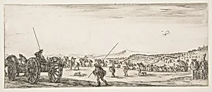 A procession of horsemen and cannons in the middle ground walking to the left, a cannon and two men to left, from "Peace and War" (Divers desseins tant pour la paix que pour la guerre) by Stefano della Bella|Israël Henriet