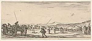 A procession of horsemen and cannons in the middle ground walking to the left, a cannon and two men to left, from 'Peace and War' (Divers desseins tant pour la paix que pour la guerre) by Stefano della Bella|Israël Henriet