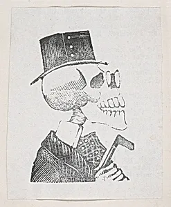 A profile of a skeleton with a tophat, a coat, and glasses, from a broaside entitled 'La Calavera de Cupido', published by Antonio Vanegas Arroyo. by José Guadalupe Posada