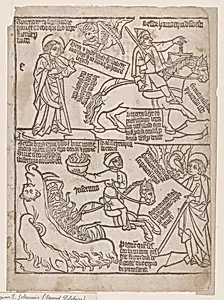 A Rider on a Black Horse with a Pair of Balances in His Hand; and A Pale Horse with Death as Its Rider, from an Apocalypse blockbook, 2nd edition by Anonymous, Netherlandish, 15th century