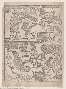 A Rider on a Black Horse with a Pair of Balances in His Hand; and A Pale Horse with Death as Its Rider, from an Apocalypse blockbook, 2nd edition