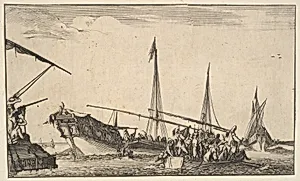 A rowboat full of men at right, a ship with men descending into a rowboat behind to left, two men with a shotgun on a ship to left, another ship to far right in the background, from 'Set of eight nautical landscapes' (Suite de huit Marines) by Stefano della Bella