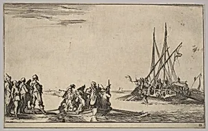 A rowboat full of men in center, a group of men standing on shore at left, a ship full of men, one firing a pistol, at right, from 'Set of eight nautical landscapes' (Suite de huit Marines) by Stefano della Bella|Reverend J. Burleigh James