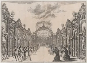 A sacrifice to the Olympian gods taking place at the end of a path lined with statues and foliage; set design from 'Il Fuoco Eterno'