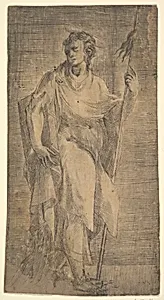 A saint, possibly Matthew, holding a staff and a book by Andrea Schiavone (Andrea Meldola)