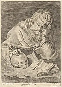 A saint seated at a table with his right hand resting on a skull, from a portfolio of reproductions of the Imperial Gallery of Paintings in Vienna; plate 33 of the series by Jusepe de Ribera (called Lo Spagnoletto)|Anton Joseph von Prenner