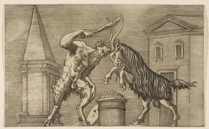 A satyr and a ram attacking each other, the satyr weilding a club with his right hand, a shield resting against a small column at center, buildings in the background