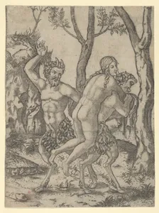 A satyr carrying a nymph on his back and another raising his right hand to slap her