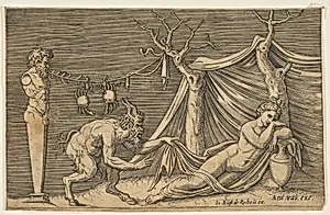A satyr discovering a sleeping woman; two crabs hanging from a rope which is strung between a term and a tree by Marco Dente|Antonio Salamanca|Giovanni Giacomo De Rossi