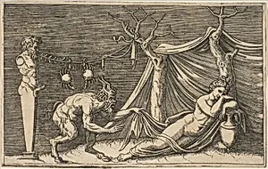 A satyr discovering a sleeping woman; two crabs hanging from a rope which is strung between a term and a tree by Marco Dente