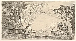 A satyr reclining at the foot of a staute of Priapus, goats at the right by Giovanni Benedetto Castiglione (Il Grechetto)
