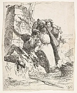 A scene of necromancy: a woman bearing a vessel, a turbaned man, and a soldier look toward a pedestal upon which a skull and limb bone are burning, a bearded male figure's face is visible behind the group, from the series 'Turns of fantasy' (Scherzi di fantasia) by Giovanni Battista Tiepolo