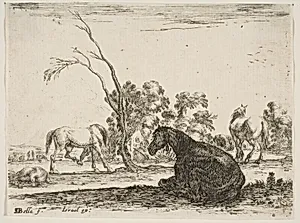 A seated horse to right, seen from behind and turned to the left, three other horses in middleground, a tree in center, plate 8 from "Various Figures" (Agréable diversité de figures) by Stefano della Bella|Israël Henriet|Artus Gouffier Marquis de Boissy