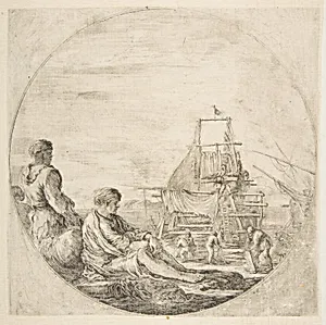 A seated white sailor and a standing black sailor, people building a ship in the background, a circular composition by Stefano della Bella