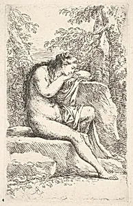 A semi-nude woman seated resting her head on a rock, from the series 'Figurine' by Salvator Rosa