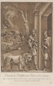 A shepherd holding a lion on a leash in the foreground, in the middle ground the shepherd stands in a meadow surrounded by wild beasts, in the background the shepherd is seated on a rock with the lion at his side; from 'Recueil d'estampes d'après les plus beaux tableaux et d'après les plus beaux desseins qui sont en France, Cabinet Crozat' after a drawing by Baldassare Peruzzi