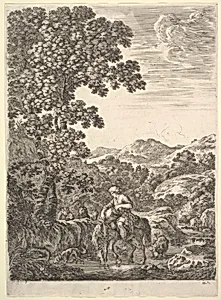 A shepherd on horseback in the middle of a stream, facing left, dogs, goats and cows follow to left and right, a large tree to left and mountains to right in the background, from 'Four large landscapes' (Quatre grands paysages en hauteur) by Stefano della Bella