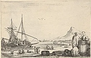 A ship disembarking to left, two galley slaves stand and one sits next to a barrel to right, various other figures on the shore, a mountain to right in the background, from 'Varie figure' by Stefano della Bella|François Langlois