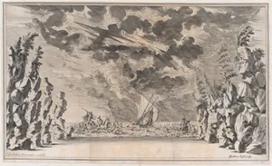 A shore framed by rocks, with Neptune in his chariot on the left and Salacia in hers on the right; at center, a ship caught in a storm; set design from 'Il Pomo D'Oro'