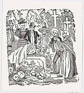 A skeleton covered with a sheet crying in a cemetery, from a broadside entitled ' Calavera llorando el hueso' by José Guadalupe Posada|José Sanchez