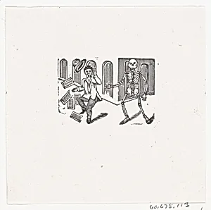 A skeleton frightening a man holding newspapers by José Sanchez|José Guadalupe Posada