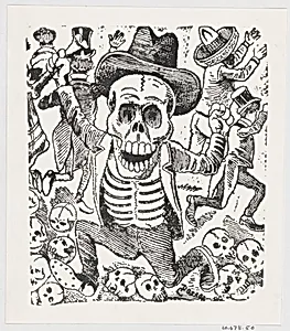 A skeleton holding a bone and leaping over a pile of skulls while people flee, from a broadside entitled 'Las bravisimas calaveras Guatemaltecas' by José Guadalupe Posada|José Sanchez