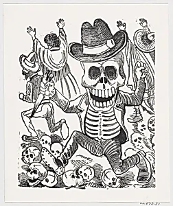 A skeleton holding a knife leaping over a pile of skulls, people flee in the background, from a broadside entitled 'Las bravisimas calaveras Guatemaltecas' by José Guadalupe Posada|José Sanchez