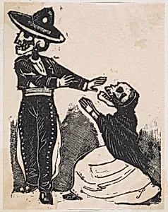 A skeleton in a torero costume turning away from a kneeling skeleton in a shawl and dress, from the broadside entitled, 'El Gran Panteon Amoroso,' published by Antonio Vanegas Arroyo. by José Guadalupe Posada