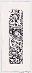 A skeleton painting and another skeleton holding a bottle of liquor, from a broadside entitled 'Aqui esta la calavera del editor popular' by José Guadalupe Posada|José Sanchez