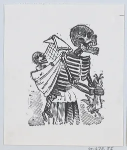 A skeleton picking crops in a field while carrying a baby skeleton on her back
