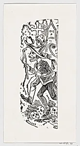 A skeleton running with a crowbar in his hand, from a broadside entitled ' Calavera llorando el hueso' by José Sanchez|José Guadalupe Posada