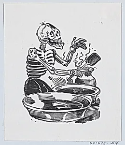A skeleton selling hot liquid in basins, from a broadside entitled 'Una Calavera Chusca' by José Sanchez|José Guadalupe Posada