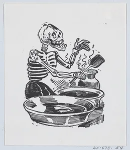 A skeleton selling hot liquid in basins, from a broadside entitled 'Una Calavera Chusca'