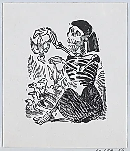 A skeleton selling plucked chickens from a broadside entitled 'Una Calavera Chusca' by José Guadalupe Posada|José Sanchez
