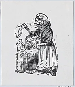 A skeleton selling tortillas from a broadside entitled 'Una Calavera Chusca' by José Guadalupe Posada|José Sanchez